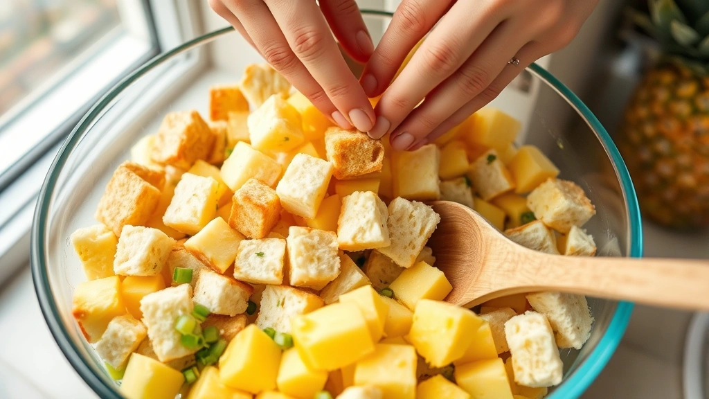 process: hands gently folding bread cubes with vegetables in large mixing bowl, fresh pineapple chunks visible, natural daylight from window, close-up angle showing texture of ingredients, wooden spoon in bowl