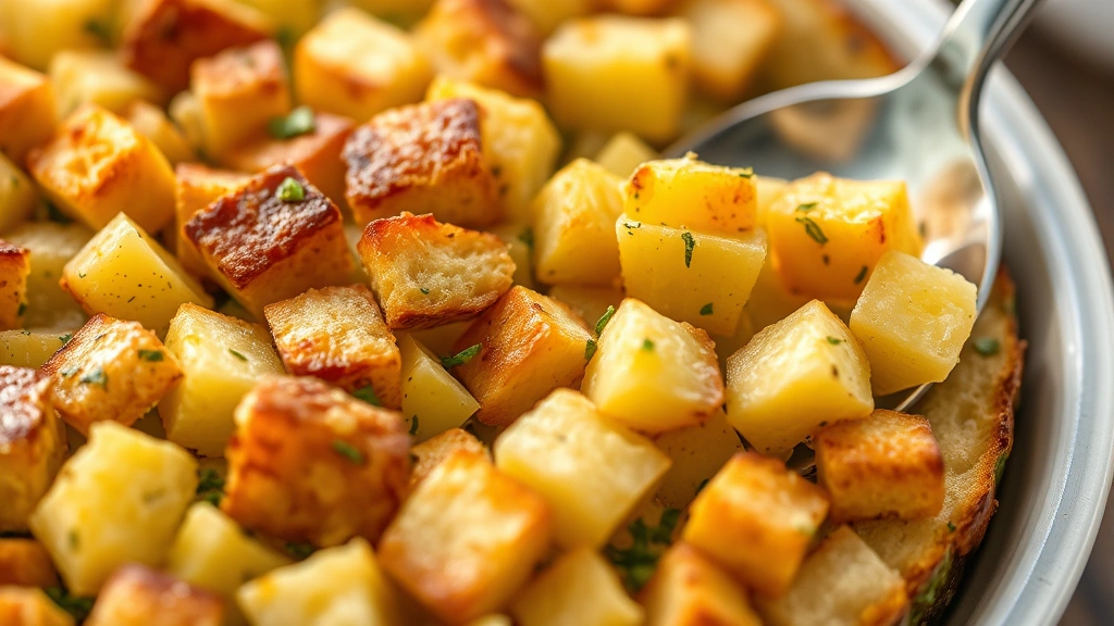 detail: close-up of finished pineapple stuffing showing bread cube texture, pineapple chunks, herbs, crispy golden top, shallow depth of field, warm afternoon light, serving spoon partially visible