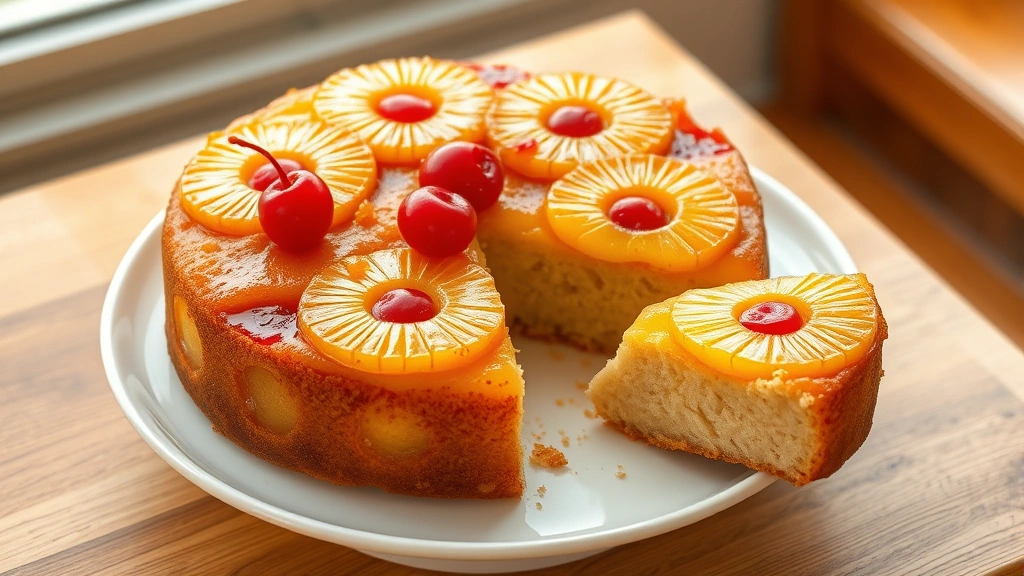 hero: finished pineapple upside-down cake on white plate, golden caramelized pineapple rings and maraschino cherries on top, slice removed showing moist crumb, warm natural window light, overhead shot, no text or watermark