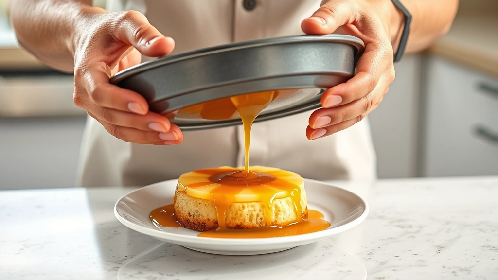 process: hands flipping cake pan onto plate with pineapple topping visible mid-flip, golden caramel dripping, kitchen counter background, natural daylight, action shot, no text