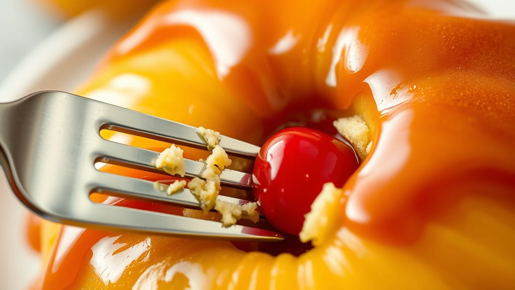 detail: close-up of single pineapple ring with maraschino cherry center and glossy caramel coating, shallow depth of field, fork breaking into moist cake crumb, natural warm lighting, no text