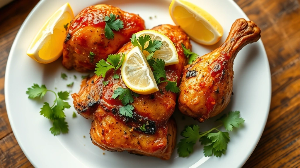 hero: Piri piri chicken on white plate, golden crispy skin, charred edges, garnished with fresh cilantro and lemon wedges, natural window light, overhead shot, rustic wooden table background