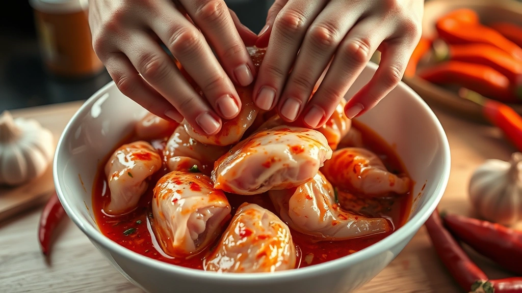 process: Hands coating raw chicken pieces in vibrant red piri piri marinade in a white bowl, visible piri piri peppers and garlic nearby, close-up action shot, warm kitchen lighting