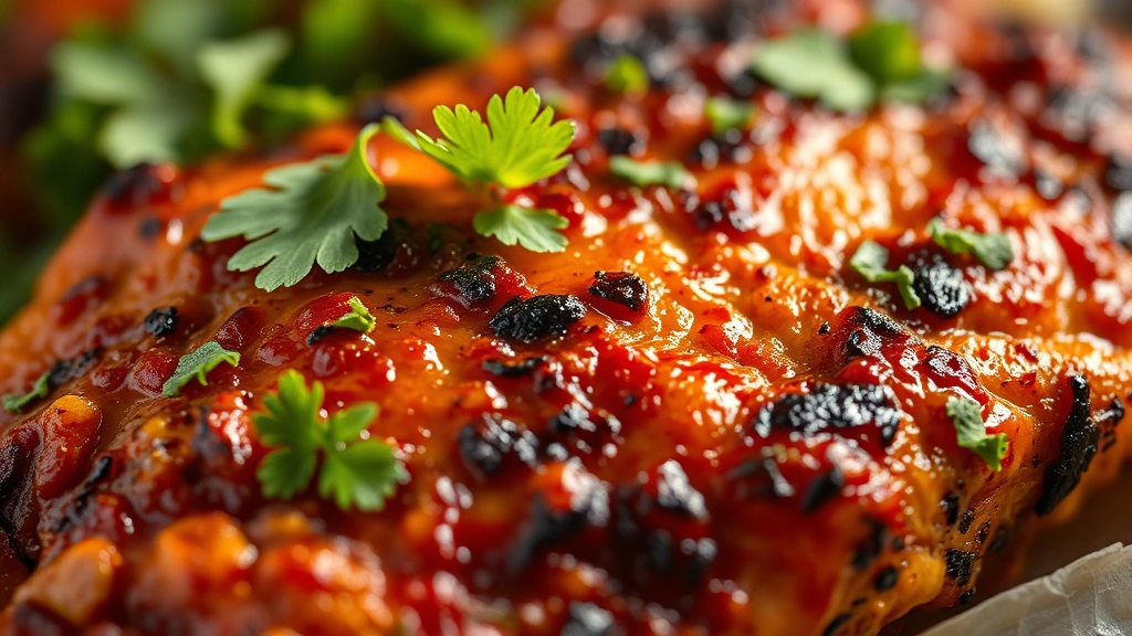detail: Close-up macro of cooked piri piri chicken skin showing crispy charred texture with fresh cilantro garnish and lemon juice droplets, shallow depth of field, golden natural light