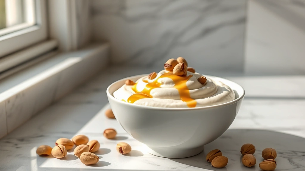 hero: elegant pistachio cream in a white ceramic bowl, garnished with whole pistachios and a drizzle of honey, natural window light casting soft shadows, marble countertop background, photorealistic, no text