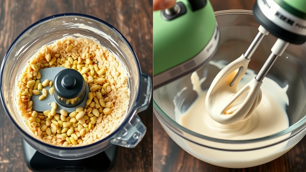 process: food processor with ground pistachios becoming creamy paste, mid-transformation, electric mixer whipping cream mixture in glass bowl, close-up action shot, photorealistic, natural light, no text