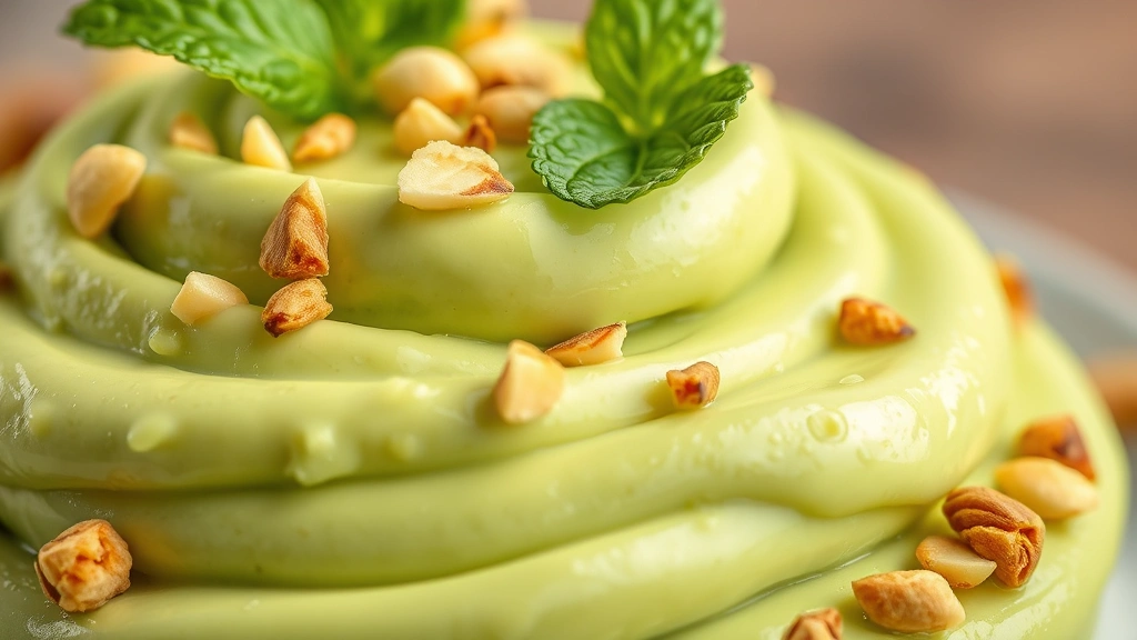 detail: close-up cross-section of pistachio cream showing smooth texture and vibrant green color, topped with crushed pistachios, fresh mint leaf garnish, shallow depth of field, photorealistic, natural light, no text