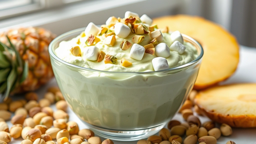 hero: pistachio fluff dessert in glass bowl, pale green color, topped with marshmallows and chopped pistachios, surrounded by fresh pistachios and pineapple, photorealistic, natural daylight from window, soft shadows, no text