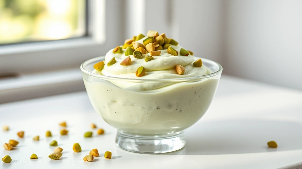 hero: pistachio fluff dessert in glass serving bowl, pale green creamy fluffy texture topped with chopped green pistachios, soft natural window light, white ceramic surface, no text or logos