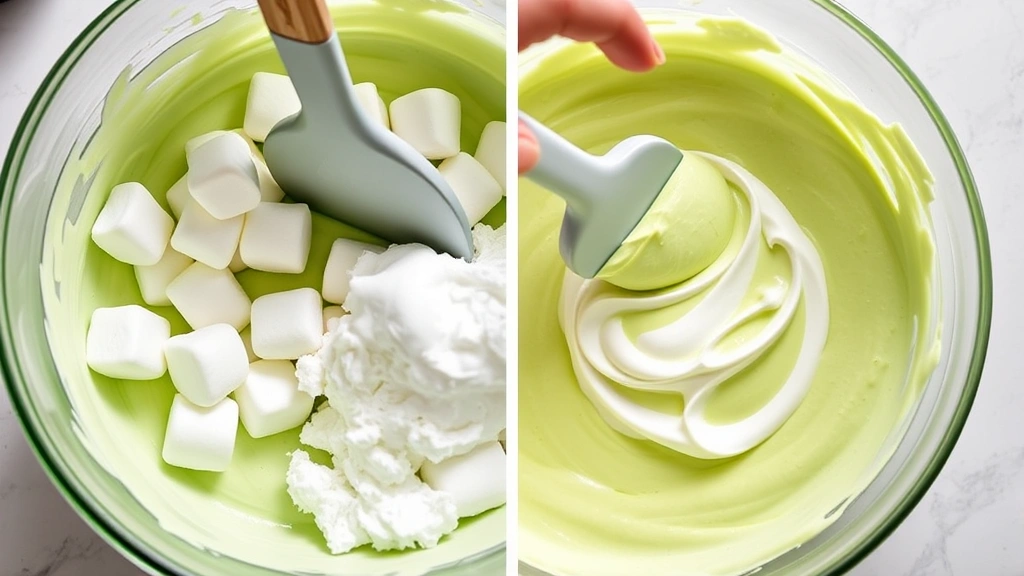 process: folding marshmallows into pistachio pudding mixture with rubber spatula, whipped cream visible, vibrant green pudding, hands in action, photorealistic, bright natural light, no text