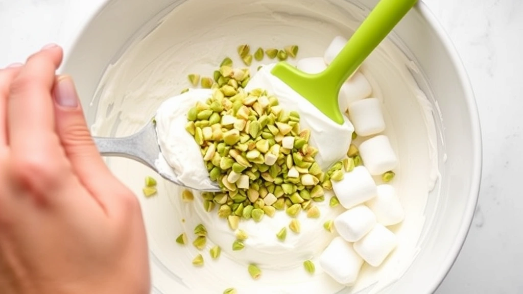 process: hands folding chopped pistachios into whipped cream mixture with rubber spatula, marshmallows visible, bright kitchen counter lighting, close-up angle, no text