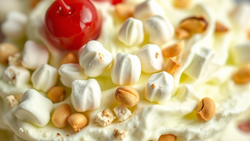 detail: close-up of pistachio fluff texture showing marshmallows, pistachios, and creamy filling, maraschino cherry garnish, shallow depth of field, photorealistic, warm natural light, no text