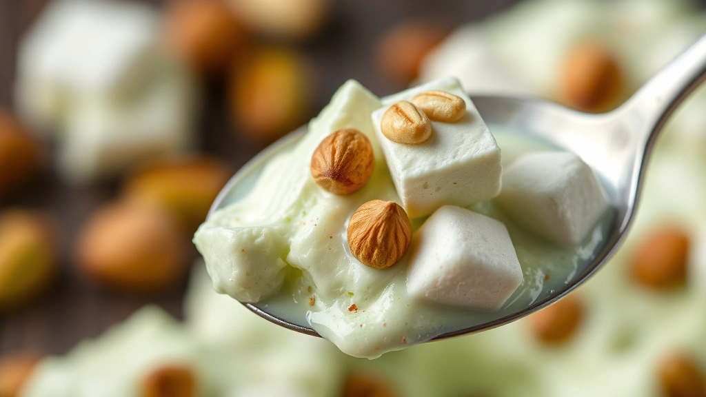 detail: close-up spoonful of pistachio fluff showing marshmallow pieces and pistachio nuts suspended in cream, shallow depth of field, natural diffused light, elegant presentation, no text