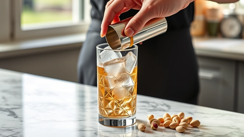 process: hand shaking cocktail in silver shaker with ice, pistachio nuts on marble counter nearby, photorealistic, bright natural light, no text
