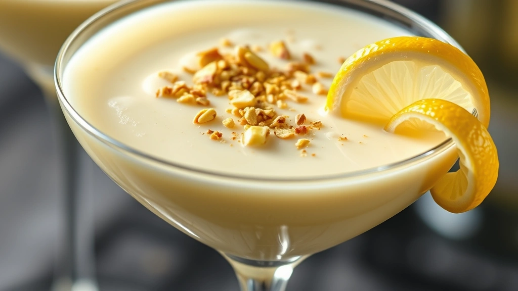 detail: close-up of pistachio martini showing creamy texture, crushed pistachio garnish, and lemon twist, photorealistic, macro photography, natural light, no text