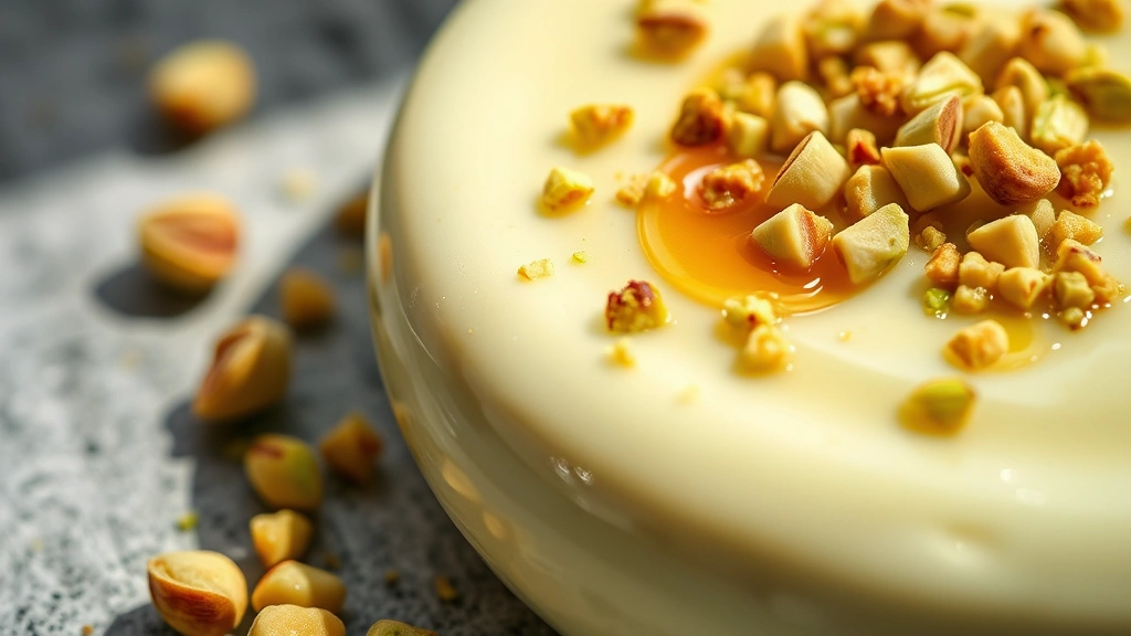 detail: close-up of pistachio pudding surface with crushed pistachios and honey garnish, photorealistic, natural light creating shadows, no text, shallow depth of field