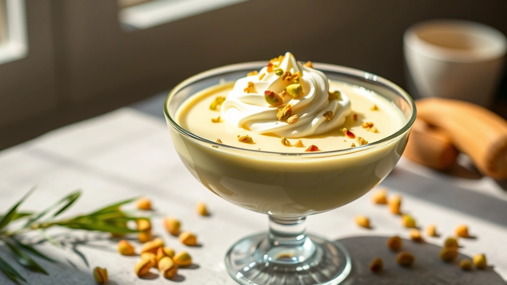 hero: creamy pistachio pudding in elegant glass bowl, topped with whipped cream and crushed pistachios, natural daylight streaming in, soft shadows, luxurious presentation, no text