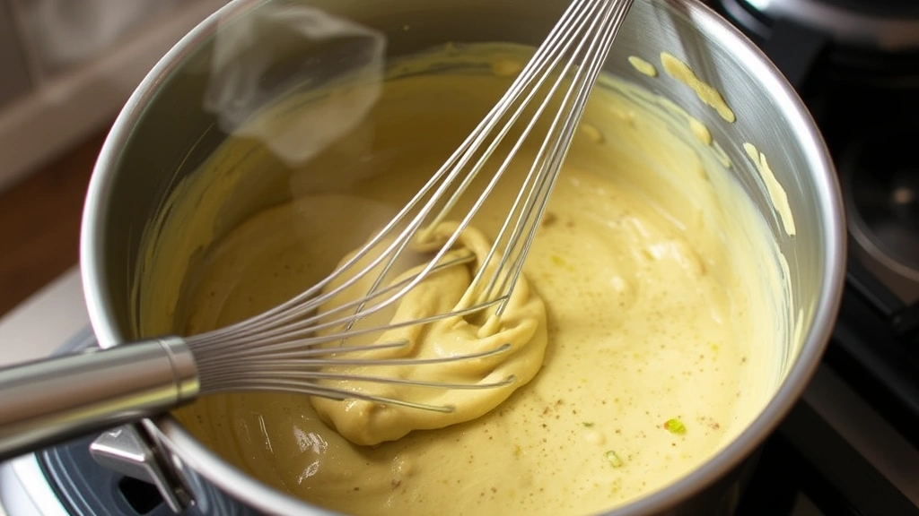 process: saucepan with pistachio mixture being whisked, silky smooth texture, steam rising, natural kitchen lighting, mid-cooking stage, no text