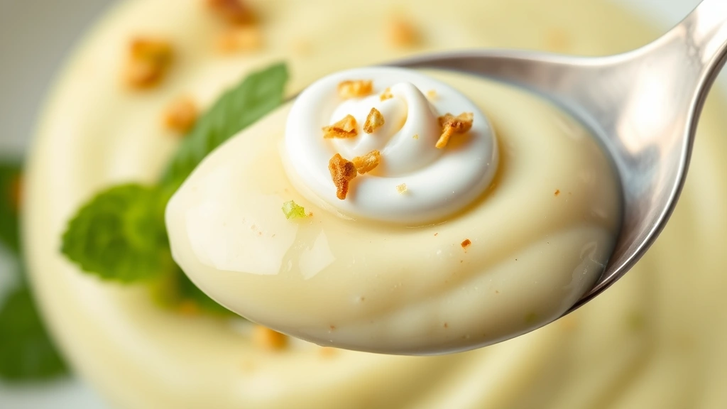detail: close-up spoonful of pistachio pudding showing creamy texture, whipped cream dollop, crushed pistachio garnish and fresh mint leaf, macro photography, natural light, no text