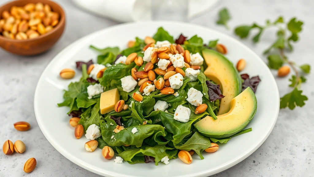 hero: vibrant pistachio salad with mixed greens, sliced avocado, crumbled goat cheese, and toasted pistachios on white plate, photorealistic, natural light, fresh and elegant, no text
