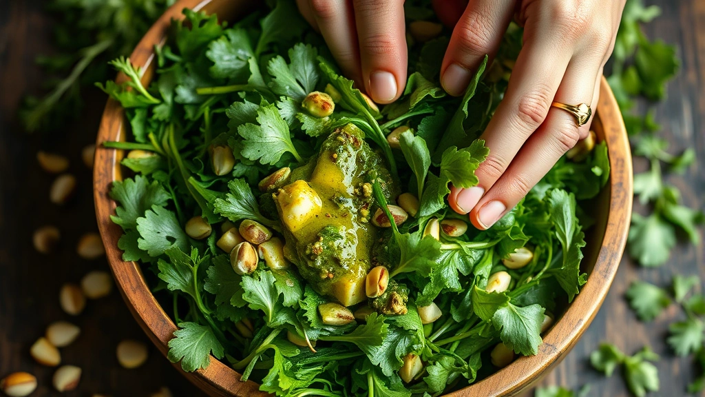 process: hands tossing fresh greens with pistachio vinaigrette in wooden bowl, scattered pistachios and herbs visible, photorealistic, natural light, no text