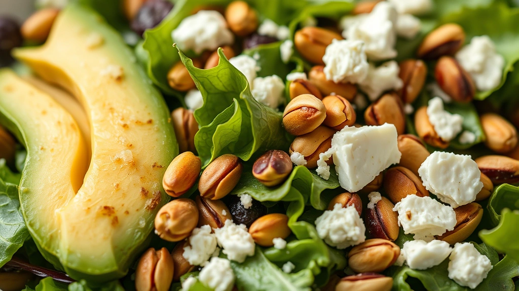 detail: close-up of pistachio salad showing crispy greens, creamy avocado slices, toasted pistachios, and goat cheese crumbles, photorealistic, natural light, shallow depth of field, no text