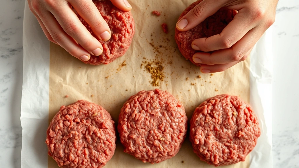 process: ground beef being seasoned and formed into burger patties with hands, photorealistic, natural kitchen lighting, shot from above, no text