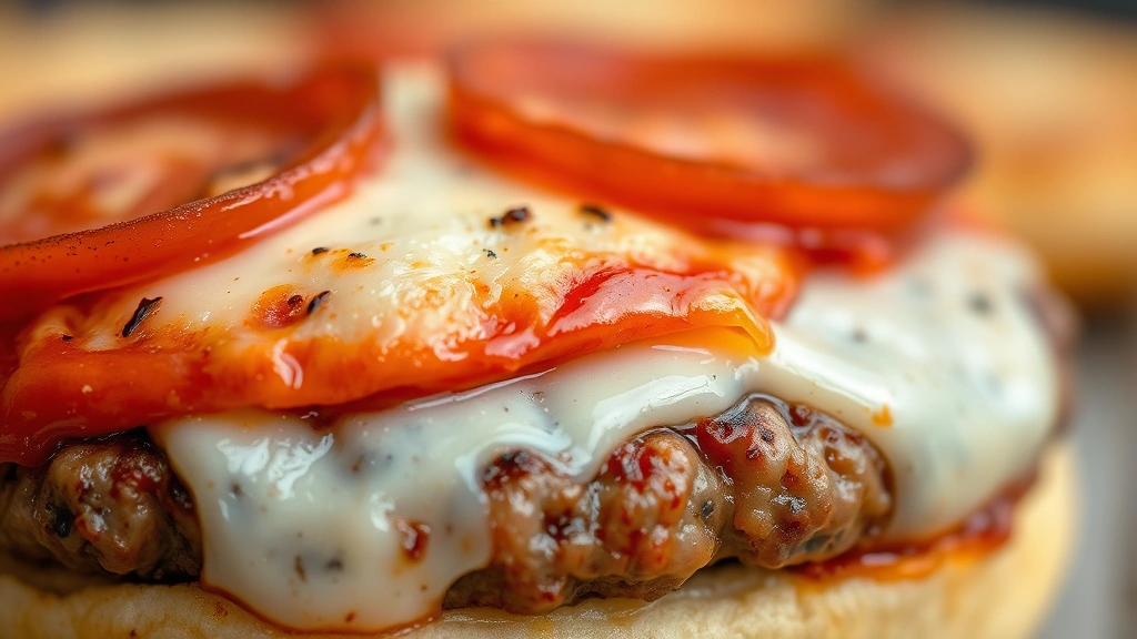 detail: close-up of melted mozzarella cheese and pepperoni on top of burger patty with pizza sauce visible, photorealistic, shallow depth of field, natural light, no text