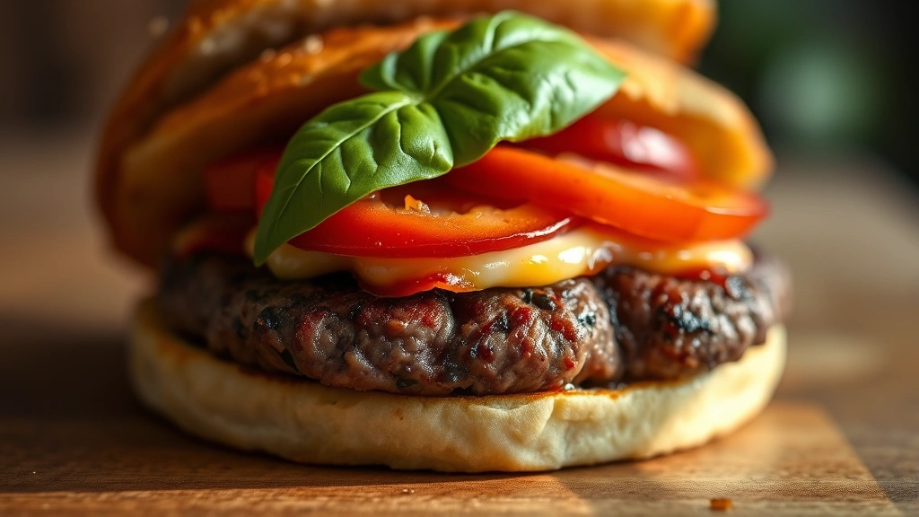 detail: close-up of pizza burger cross-section showing juicy beef patty, melted mozzarella, crispy pepperoni, fresh basil leaf, on wooden surface, photorealistic, warm natural light, shallow depth of field, no text