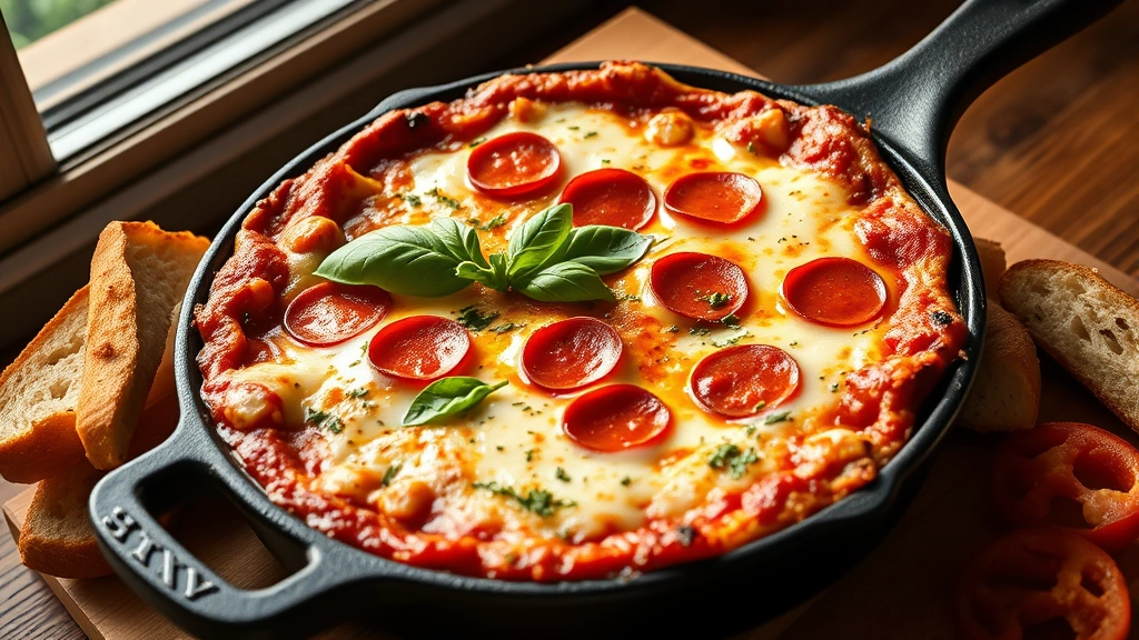 hero: bubbling hot pizza dip in cast iron skillet with melted mozzarella and marinara sauce, garnished with fresh basil and pepperoni, breadsticks and pepperoni slices on the side, photorealistic, natural daylight streaming from window, no text, appetizing presentation