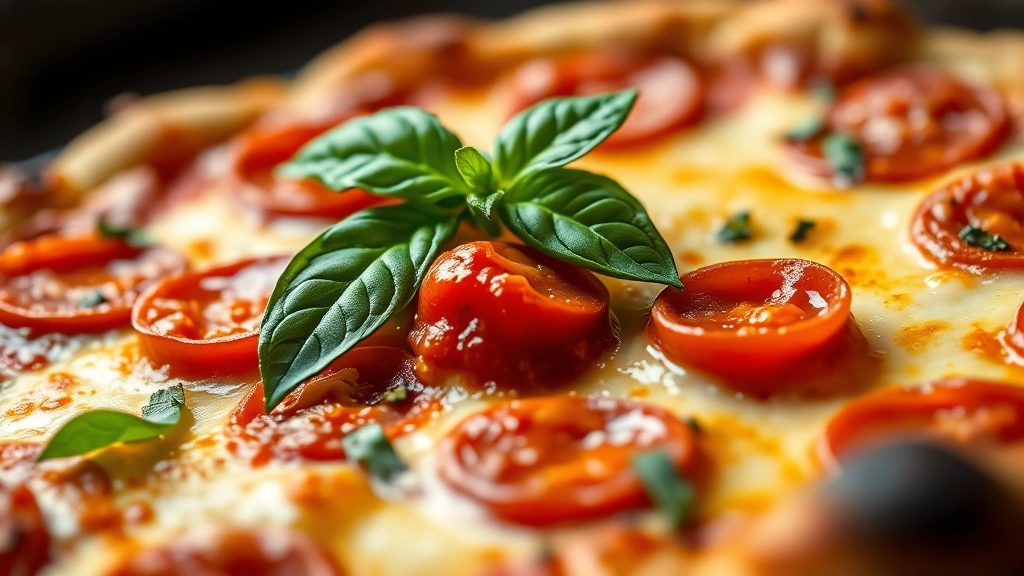 detail: close-up of finished pizza dip with bubbly edges, visible pepperoni pieces, fresh basil garnish, and marinara sauce on top, photorealistic, natural lighting highlighting the melted cheese, no text, shallow depth of field