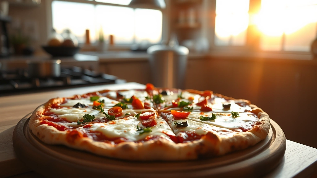 hero: freshly baked pizza with melted cheese and toppings on pizza stone, photorealistic, warm golden-hour natural light streaming through kitchen window, no text