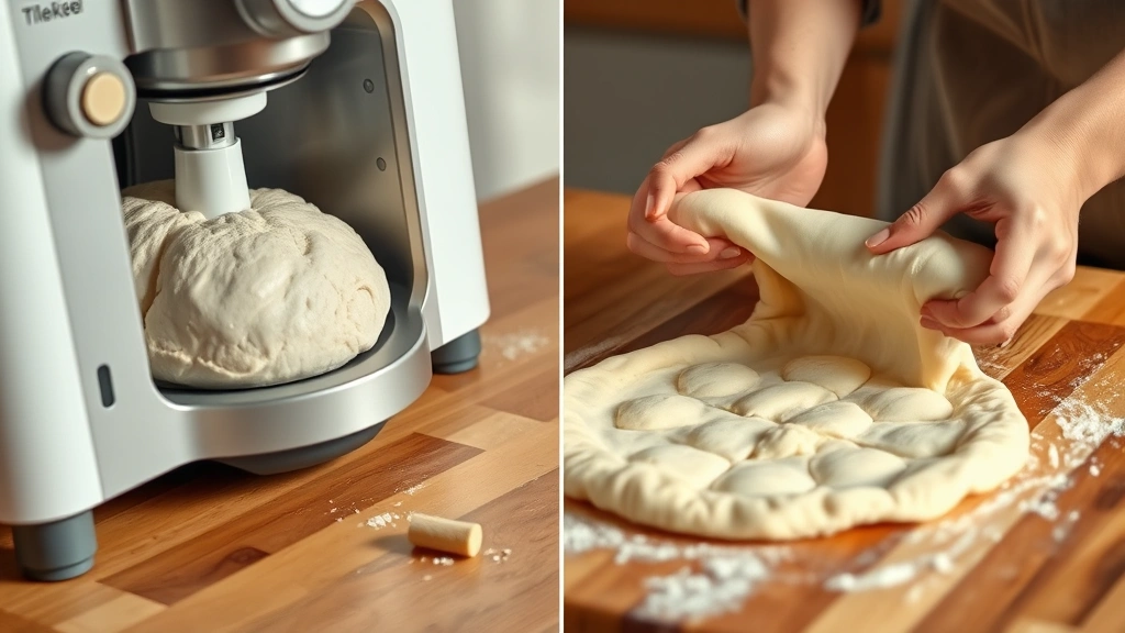 process: bread machine kneading dough, hands stretching dough into pizza shape on wooden surface, photorealistic, bright natural daylight, no text