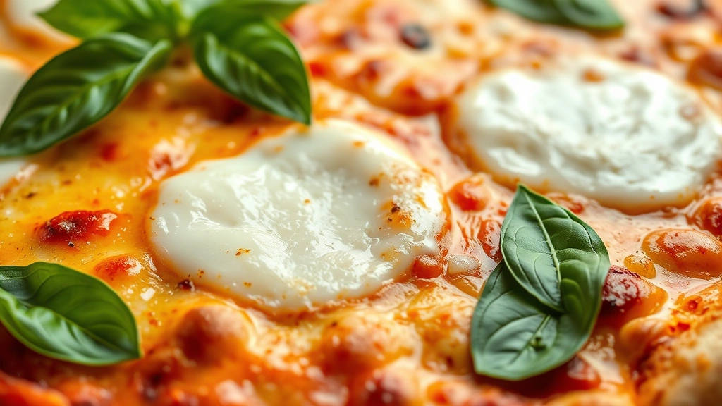 detail: close-up of pizza crust with perfect golden-brown color and air bubbles, melted mozzarella cheese, fresh basil garnish, photorealistic, warm natural light, no text