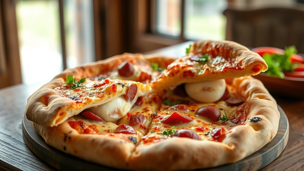 hero: golden-brown Pizza Rustica pie cut into wedges showing creamy egg and cheese filling with cured meats, rustic wooden table setting, natural window light, garnished with fresh parsley