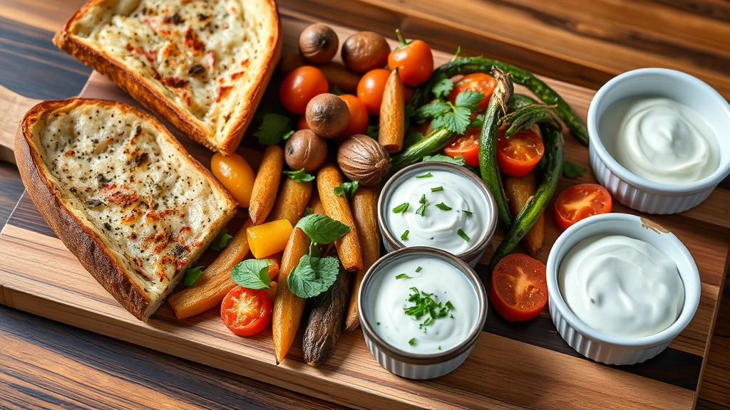 hero: elegant spread of pizza night sides including garlic bread, roasted vegetables, Caprese salad, and creamy dip arranged on wooden board, photorealistic, warm natural light, restaurant-quality plating, no text