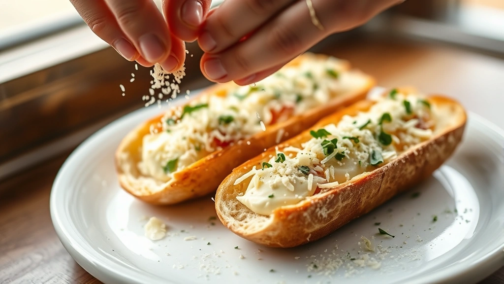 process: hands sprinkling parmesan and herbs onto buttered baguette for garlic bread, close-up action shot, natural window light, photorealistic, no text