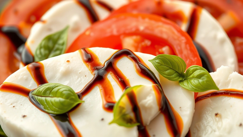 detail: close-up of fresh mozzarella and tomato slices with basil and balsamic glaze on Caprese salad, shallow depth of field, natural light, photorealistic, no text