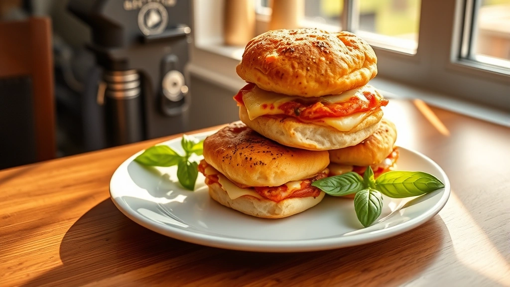 hero: golden-brown pizza sliders stacked on white plate, melted cheese visible, steam rising, sunlight from window, wooden table background, fresh basil garnish