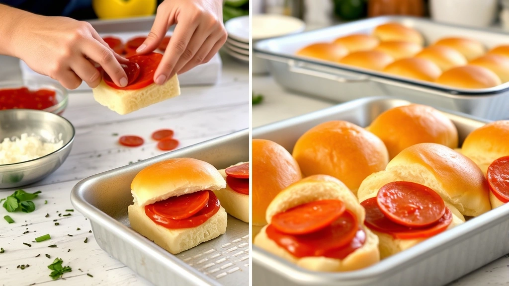 process: hands assembling sliders with marinara sauce and pepperoni, baking dish visible, ingredients scattered, natural kitchen lighting, close angle