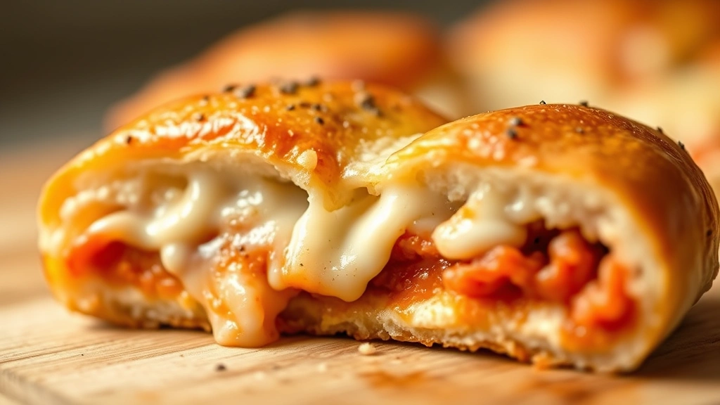 detail: close-up of single pizza slider cut in half, melted mozzarella stretching, pepperoni visible, garlic butter shine on bun, shallow depth of field, warm lighting