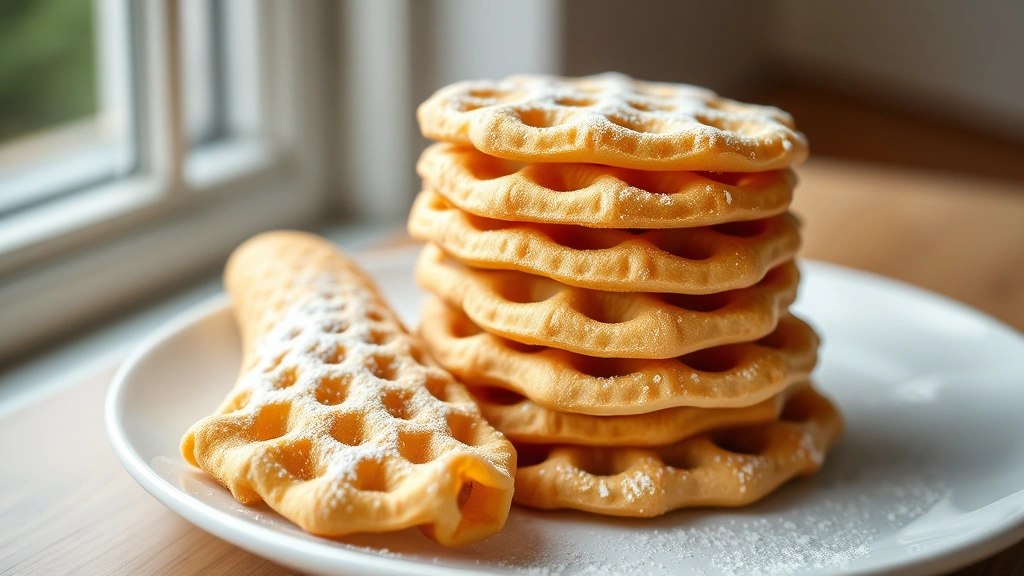 hero: stack of golden Italian pizzelle cookies arranged on a white plate, dusted with powdered sugar, one pizzelle rolled into a cone shape, natural window light, shallow depth of field, food styling with Italian charm, photorealistic, no text