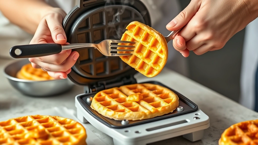process: hands holding pizzelle iron with golden waffle cookie being removed using a fork, steam rising, kitchen counter setting, action shot, photorealistic, natural light, no text