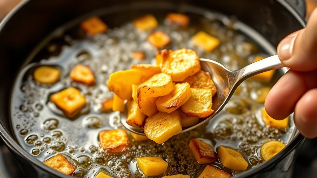 process: hand holding slotted spoon removing golden plantain chips from bubbling hot oil in cast iron skillet, oil droplets visible, warm golden lighting, action shot