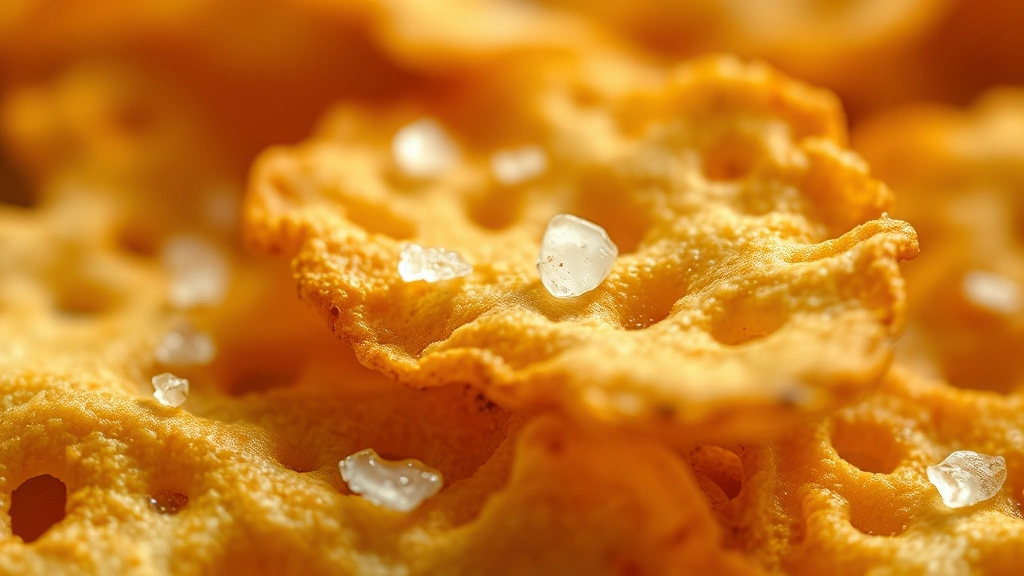 detail: close-up macro shot of single crispy plantain chip showing texture and golden-brown color, sea salt granules visible on surface, soft natural light, extreme shallow focus