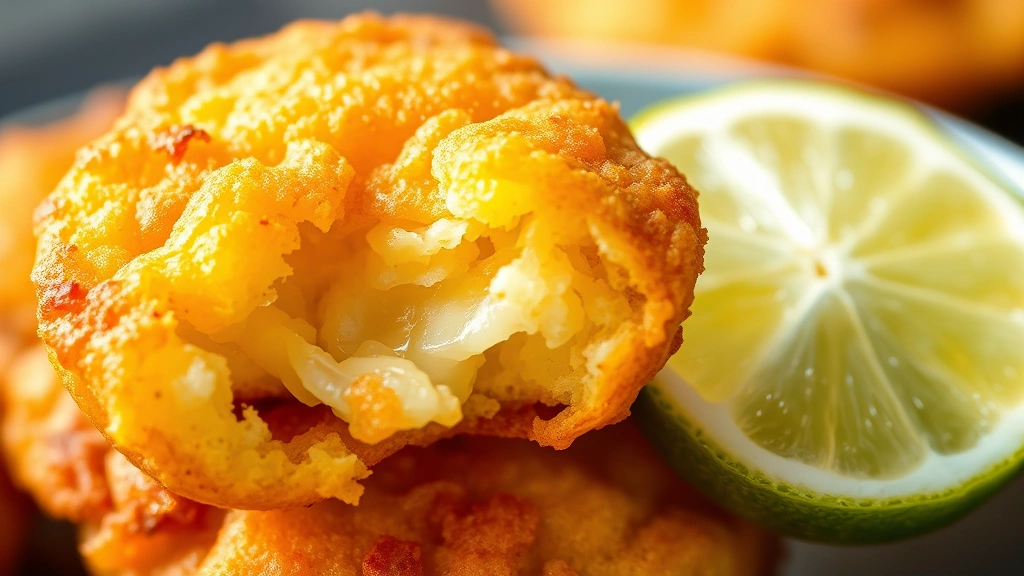 detail: close-up cross-section of single crispy golden fritter showing tender interior and crunchy exterior, fresh lime wedge beside it, bright natural light