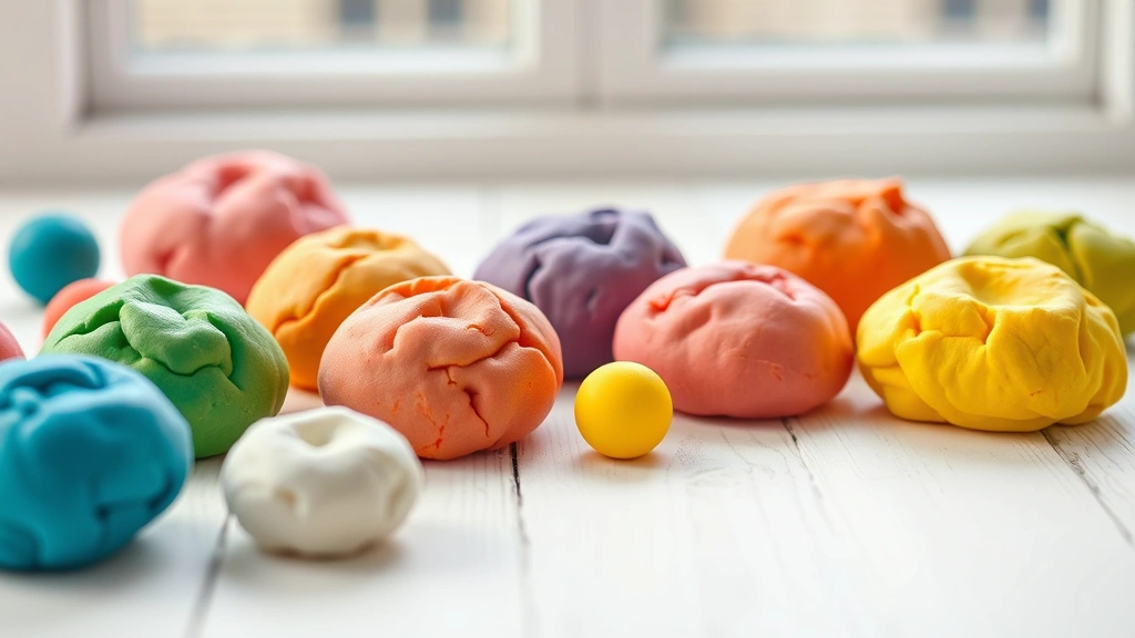 hero: vibrant colorful playdough balls in various colors arranged on white wooden surface, photorealistic, bright natural window light, no text