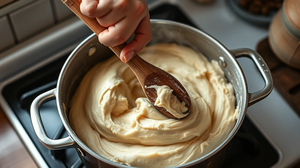 process: hands kneading playdough in pot on stovetop, wooden spoon stirring, steam rising, photorealistic, warm kitchen lighting, no text