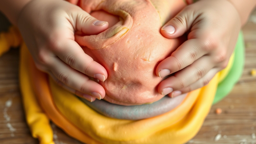 detail: close-up of smooth playdough texture being stretched and molded by small hands, rainbow colors visible, photorealistic, natural daylight, no text