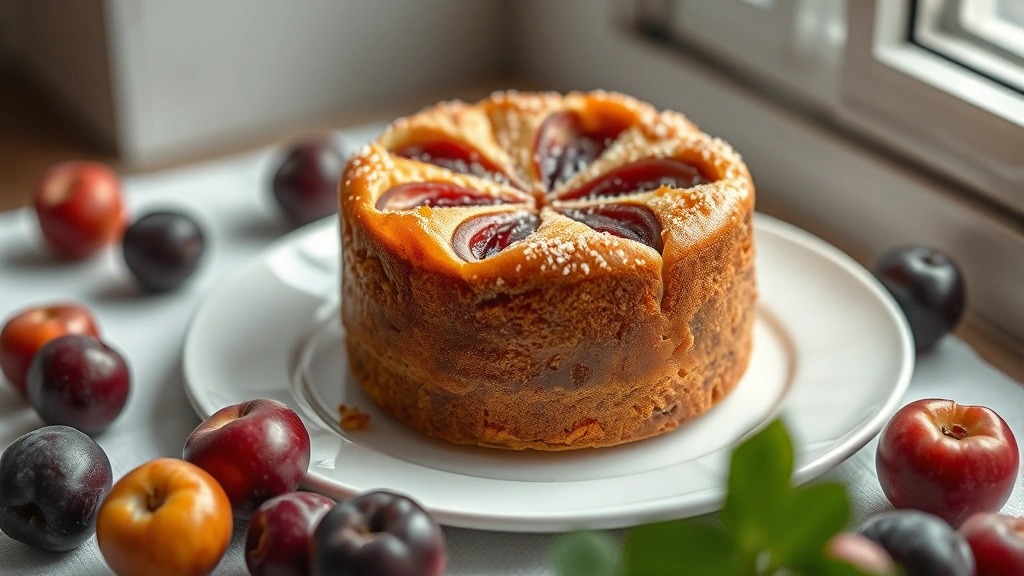 hero: plum cake on a white ceramic plate, golden brown with visible plum quarters, turbinado sugar sparkling on top, fresh plums scattered around, soft natural window light, shallow depth of field